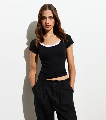 Women's Black Blue Crop Top with Scoop Neck & Short Sleeves