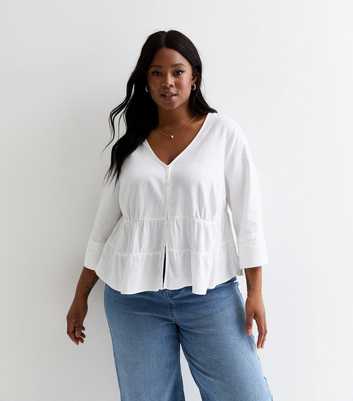 Curves White Linen-Blend Tiered Blouse