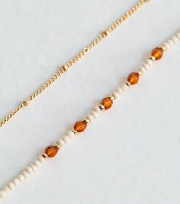 2 Pack Gold Beaded and Chain Anklets New Look