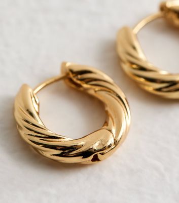 Real Gold Plate Twist Hoop Earrings New Look