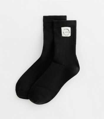 Black Ribbed Cotton Logo-Tab Socks