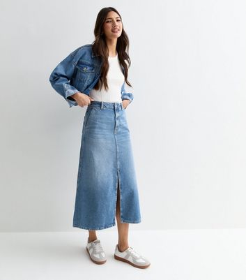 Women Navy Blast Denim Flared Midi Skirt