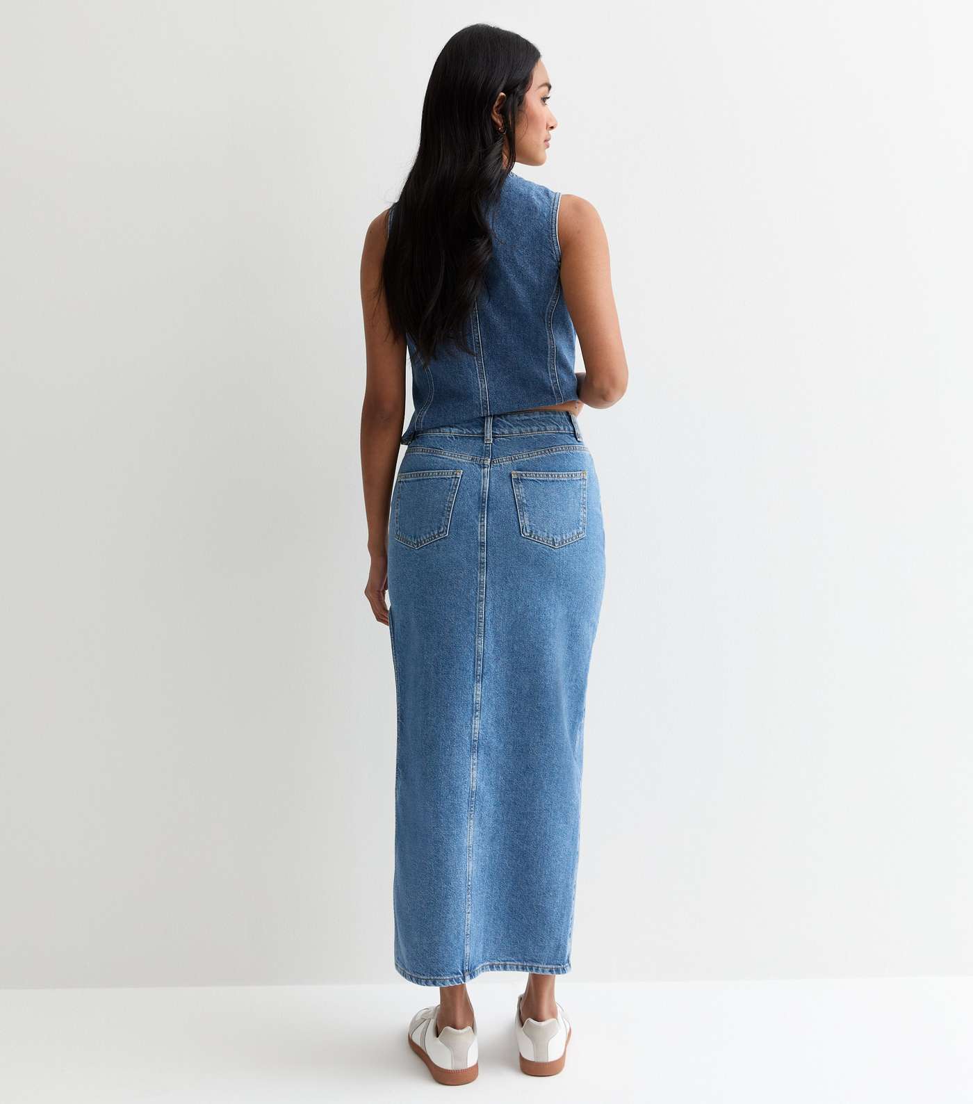 Blue Denim Thigh Split Midi Skirt Image 5