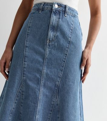 Blue Denim Seam Detail Midi Skirt New Look