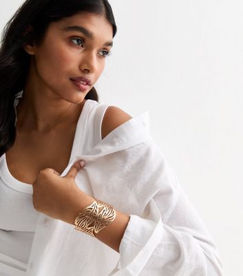 Gold Shiny Leaf Cut Out Large Cuff Bracelet