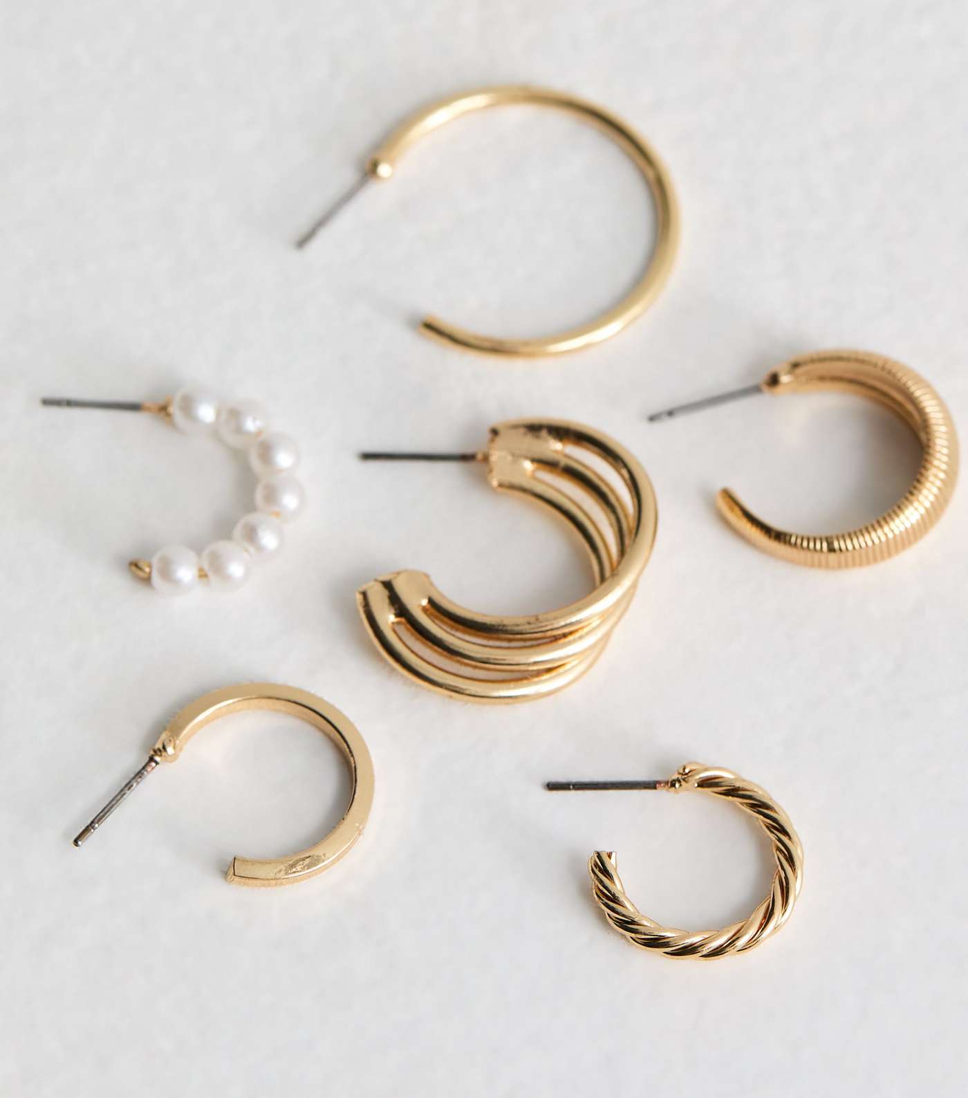 6 Pack Gold Faux Pearl and Twist Hoop Earrings Image 3