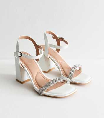 White Diamanté-Embellished Block-Heel Sandals