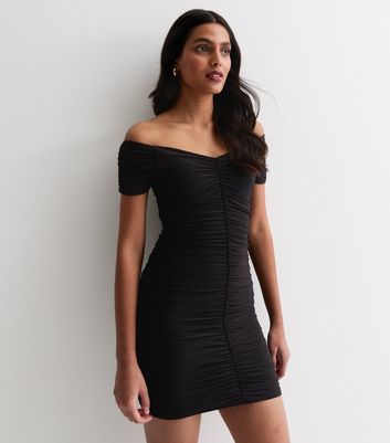 Black bardot ruched outlet dress