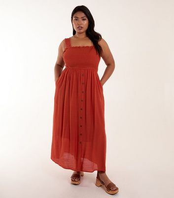 Blue Vanilla Curves Orange Shirred Strappy Maxi Dress New Look