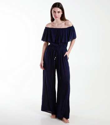 Blue Vanilla Glitter Stripe Bardot Wide Leg Jumpsuit