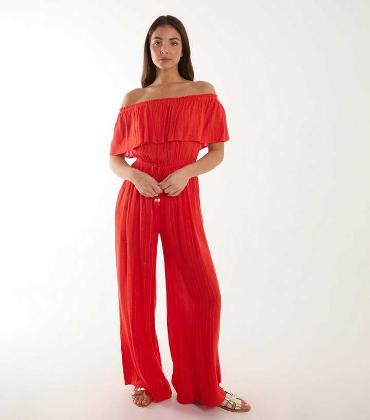 Blue Vanilla Red Metallic Stripe Bardot Jumpsuit New Look