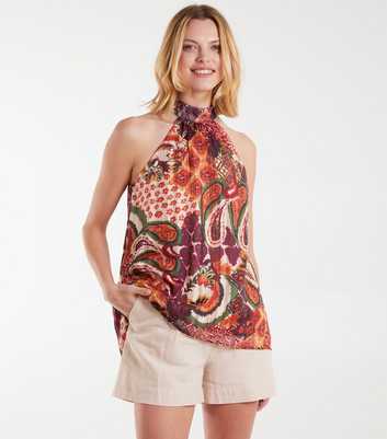 Blue Vanilla Orange Mixed Print Halterneck Top