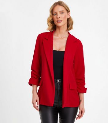 QUIZ Red Scuba Crepe Ruched Sleeve Blazer New Look