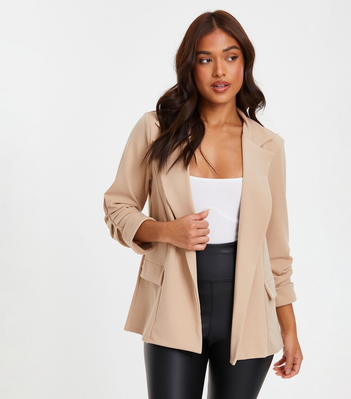 Women's Petite Stone Scuba Crepe Ruched Sleeve Blazer Quiz New Look