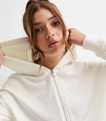 Girls Cream Cropped Hoodie New Look