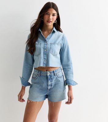 Blue Cropped Denim Shirt New Look