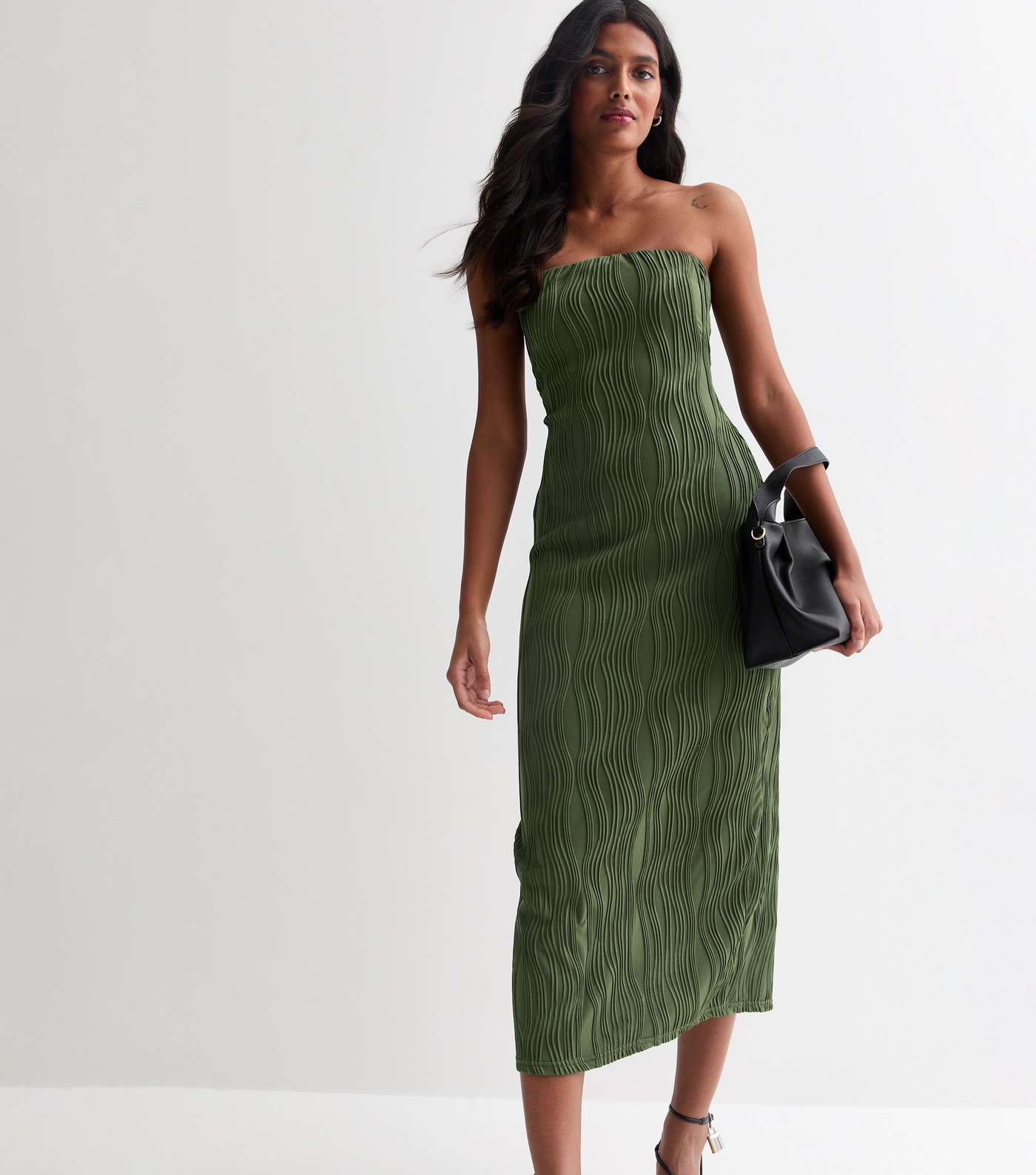 Khaki Ripple Textured Bandeau Midi Dress Image 3