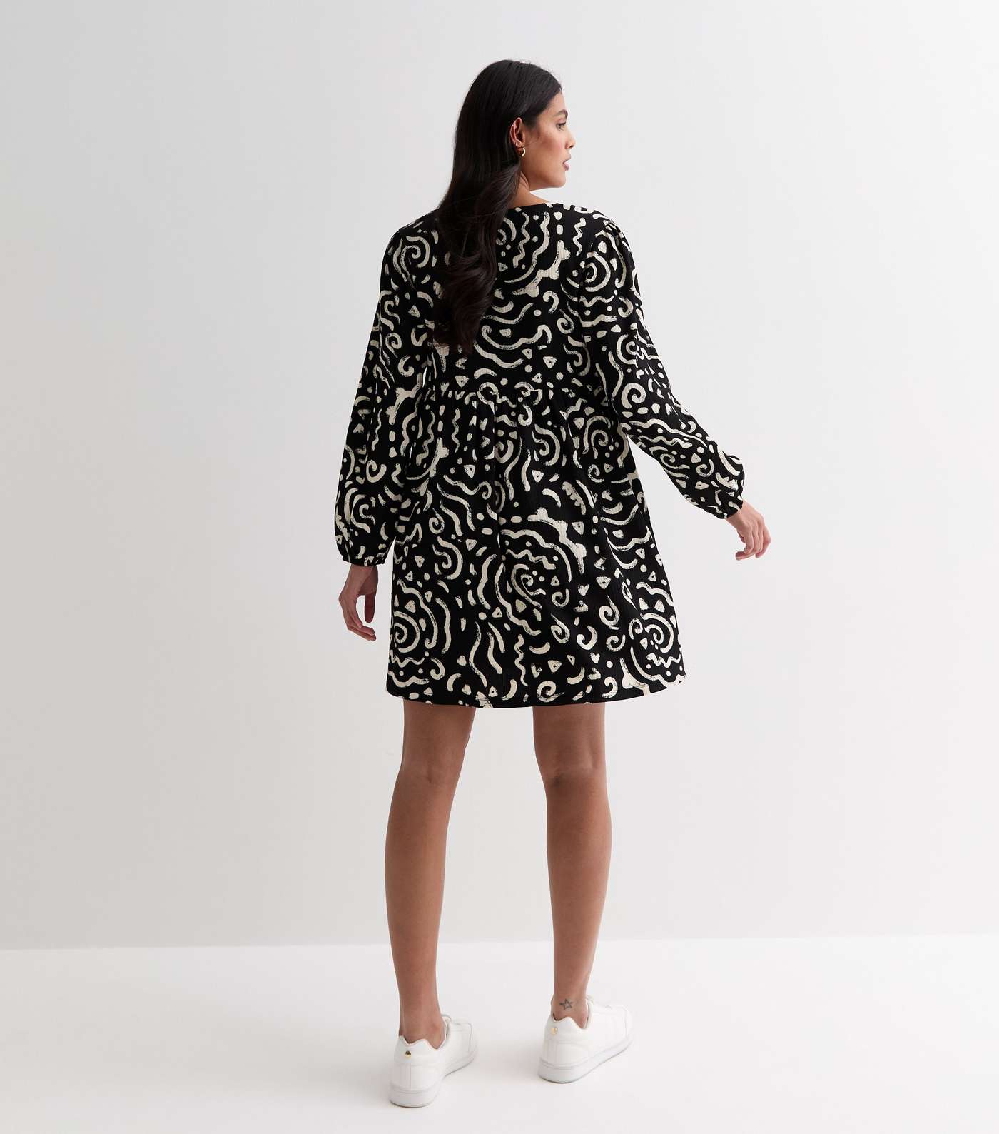 Black Abstract Print Texture Jersey Mini Smock Dress Image 4