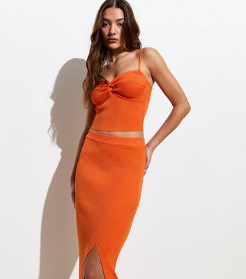 Orange Ribbed Knit Split Hem Midi Skirt New Look