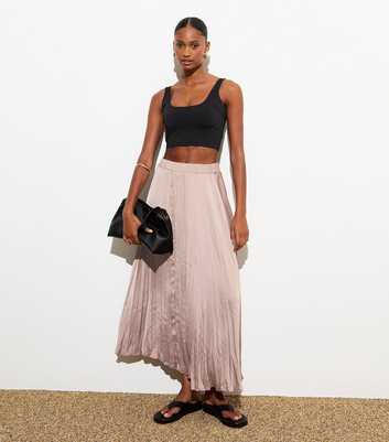 Pale Pink Crinkle Pleated Midi Skirt