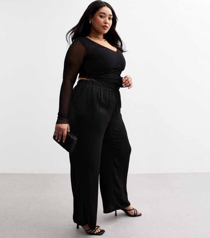 Curves Black Satin Wide Leg Trousers