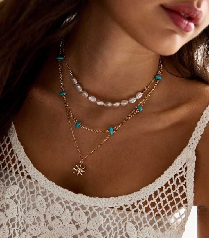 Gold Faux Pearl Layered Sun Pendant Necklace