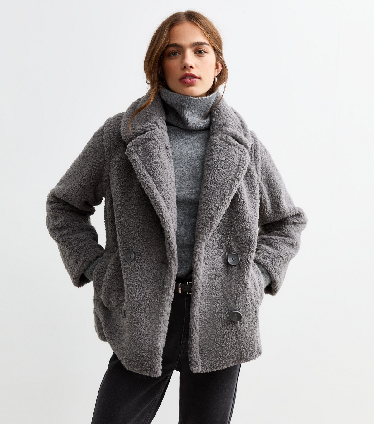 Women's Grey Short Borg Coat New Look