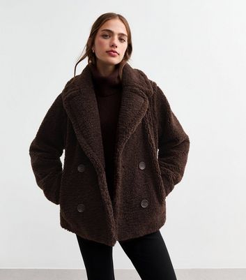 Brown Short Borg Coat New Look