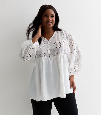 Curves White Broderie Peplum Blouse New Look