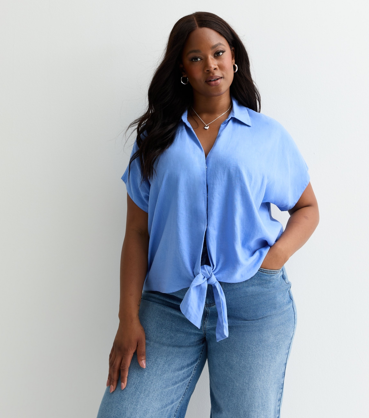 Women's Plus Size Pale Blue Linen-Blend Tie Front Shirt Curves New Look