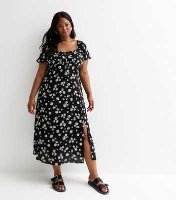 Curves Black Daisy-Print Puff Sleeve Midi Dress
