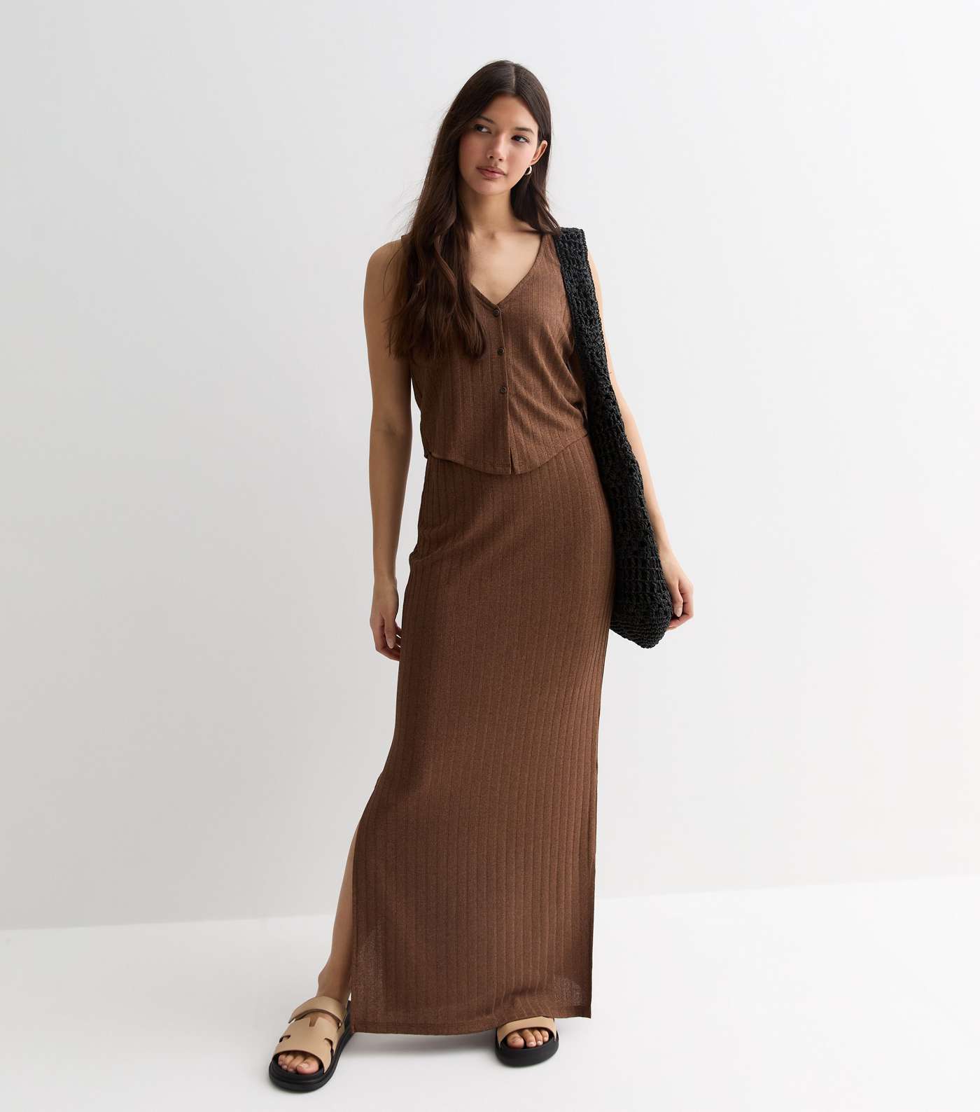 Brown Ribbed Knit Button Front Waistcoat Image 3