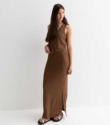 Brown Ribbed Knit Split Hem Midi Skirt