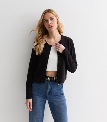 Black crew neck cardigan womens best sale