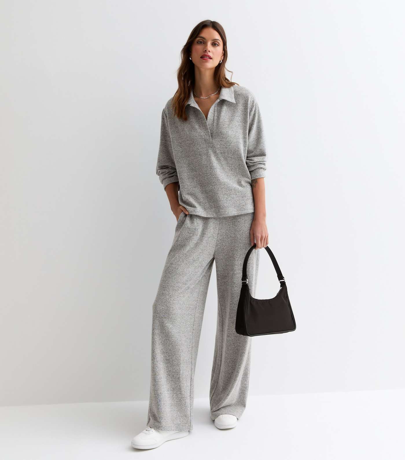 Grey Brushed Jersey Long Sleeve Polo Shirt Image 3