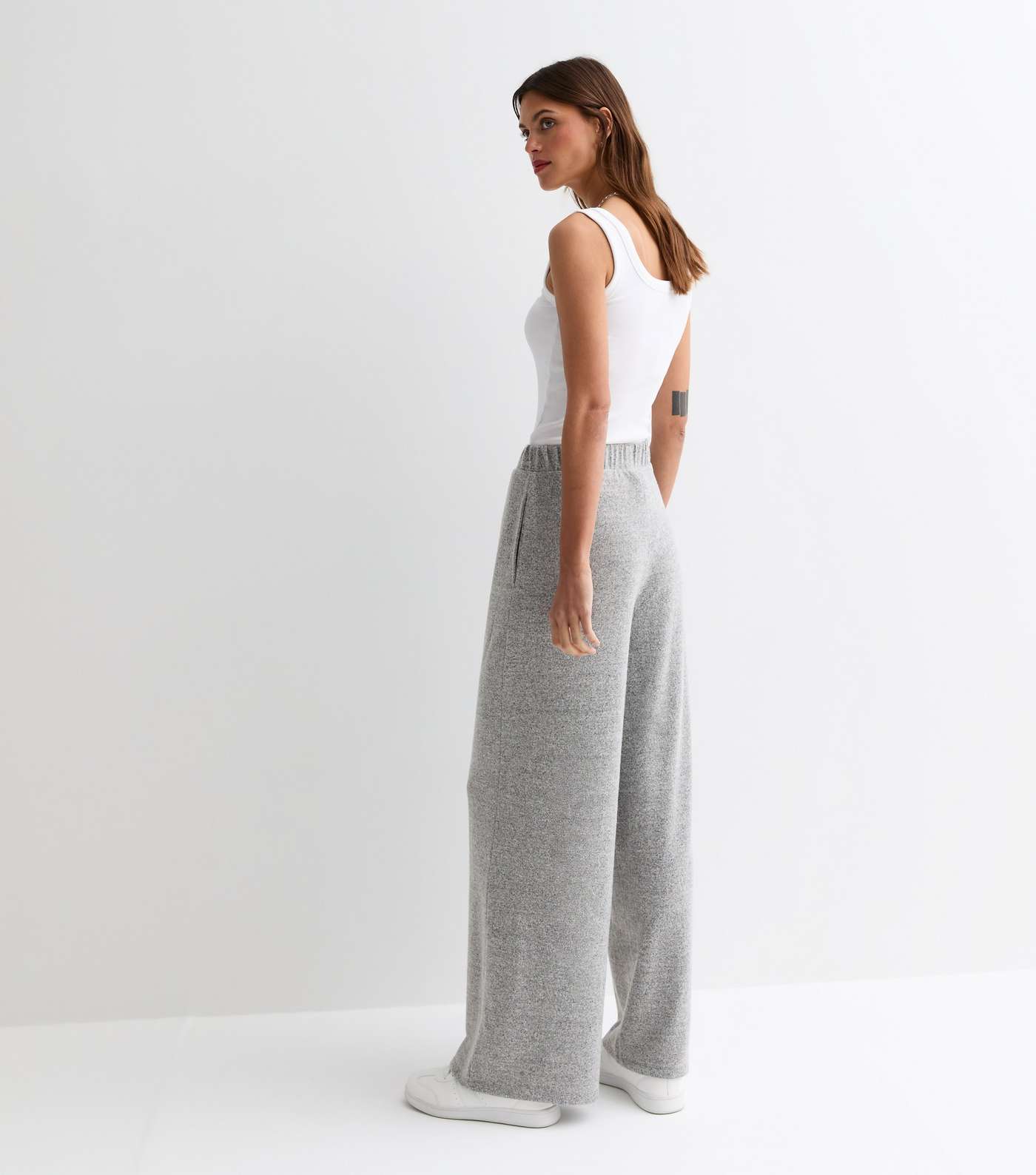 Grey Brushed Jersey Wide Leg Trousers Image 4