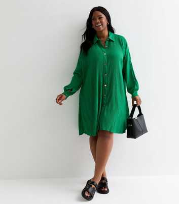 Curves Green Plisse Pleat Mini Smock Shirt Dress