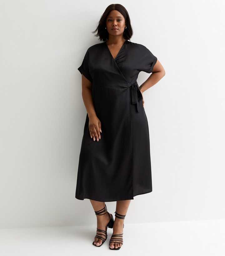 Curves Black Satin Midi Wrap Dress