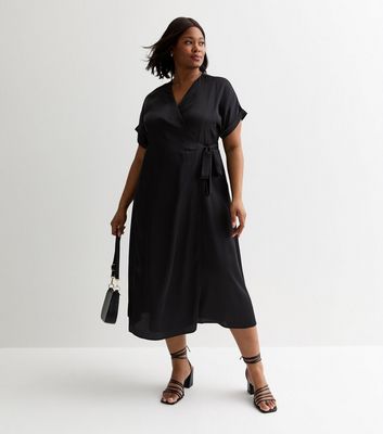 Curves Black Satin Midi Wrap Dress New Look