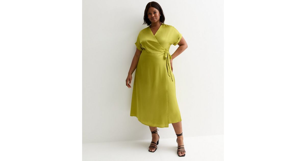 Curves Green Satin Midi Wrap Dress New Look