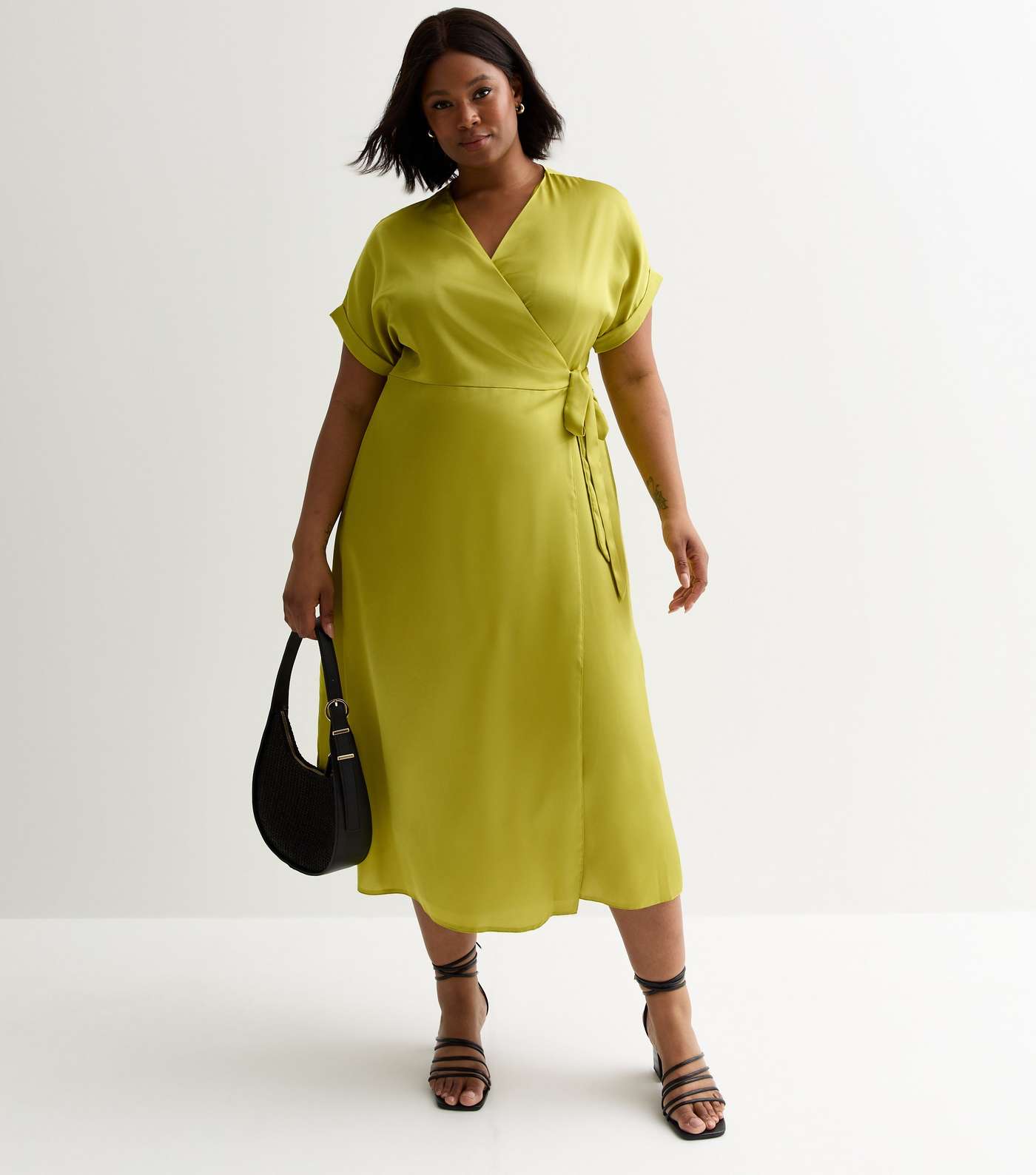 Curves Green Satin Midi Wrap Dress Image 3