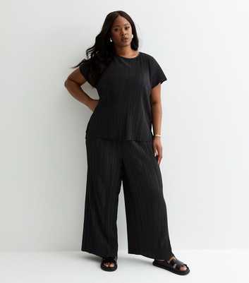 Curves Black Plissé Wide Leg Trousers