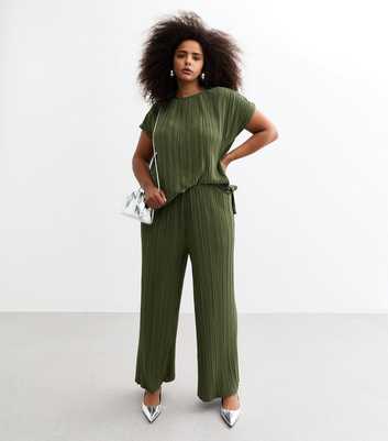 Curves Khaki Plissé Wide Leg Trousers