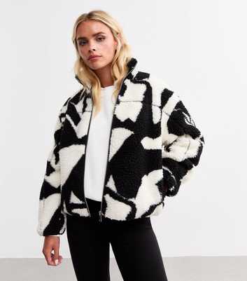 Petite Black Abstract Print Fleece Jacket