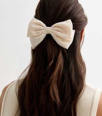 Cream Textured Embellished Bow Hair Slide