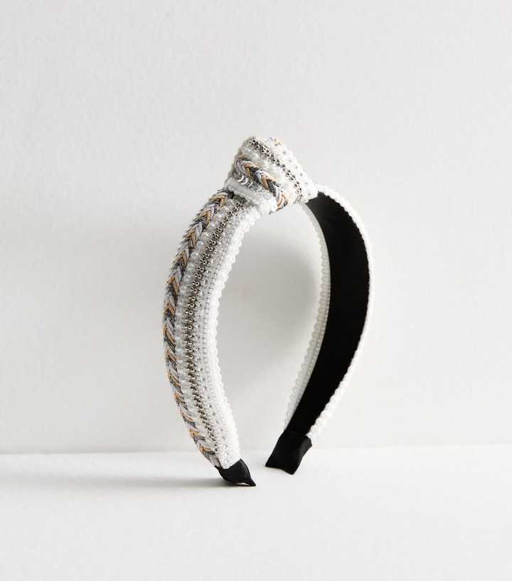 Cream Stripe Embellished Knot Headband 