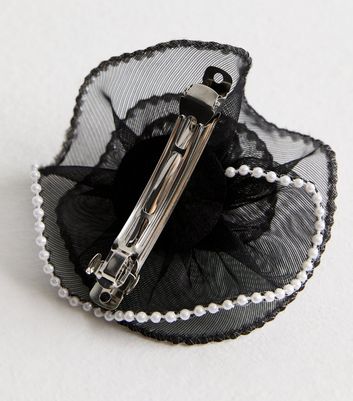 Black Mesh Faux Pearl Corsage Barrette Hair Clip New Look