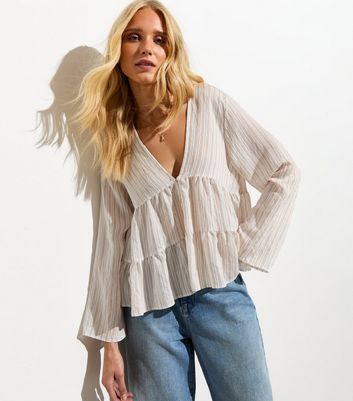 White Stripe Print V Neck Tiered Top New Look