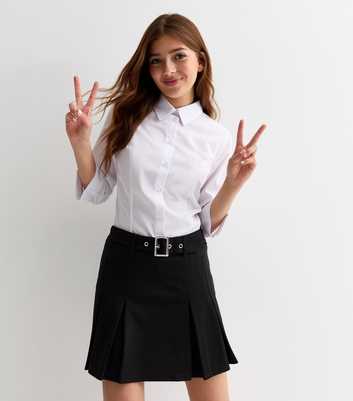 Black Stretch Belt Pleated School Skort 