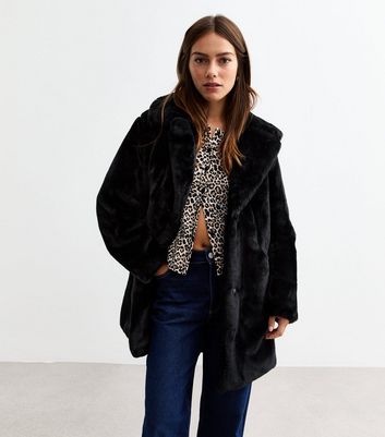 Petite Black Faux Fur Coat New Look